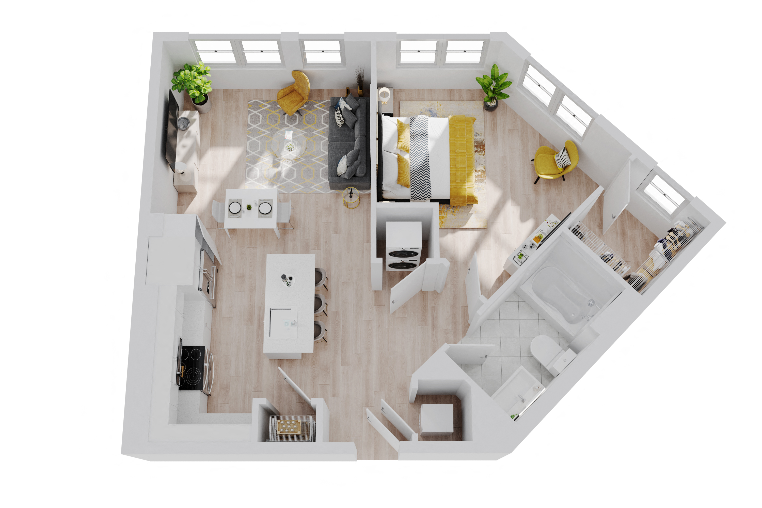 Floor plan for 1 bed, 1 bath, 734 sqft